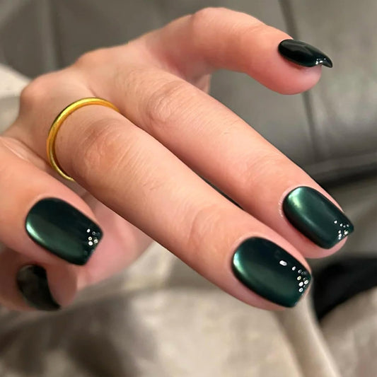Dark Green Press on Nails Short Square Fake Nails Cat Eye Acrylic Nails Ombre Artificial Glue on Nail Glossy False Nails Xmas Stick on Nail for Women Manicure 30Pcs
